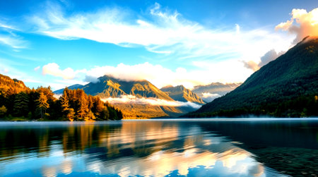 Mountain lake at sunset, Bavaria, Germany, Europe.の写真素材