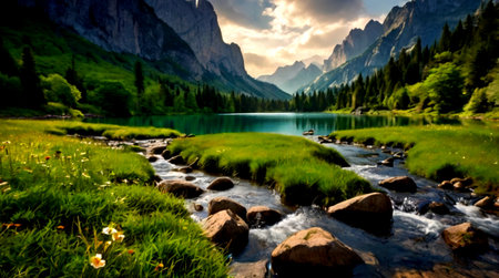 panoramic view of alpine lake in dolomites