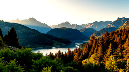 panoramic view of alpine lake and mountains at sunset in autumnの写真素材