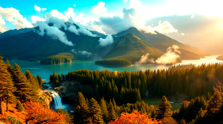 Autumn alpine landscape with lake and mountains at sunset