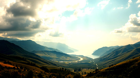 Mountain landscape with river and cloudy sky at sunset, Kyrgyzstan