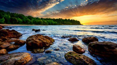 Beautiful seascape. Dramatic sunset over the sea.の写真素材