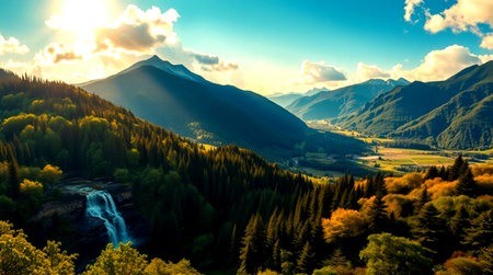 Mountain autumn landscape with waterfalls and colorful forest at sunset.の写真素材