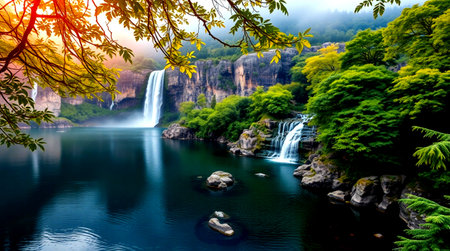 Waterfall in deep forest at sunset. Waterfall in deep forest.の写真素材