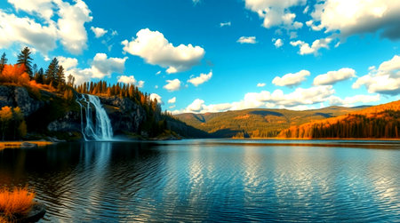 Autumn landscape with a waterfall on the lake. Altai, Siberia, Russiaの写真素材