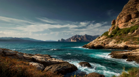 Panoramic view of the coast of Sardinia, Italy.の写真素材