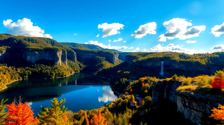 Panoramic view of the beautiful lake in the autumn forest.の写真素材