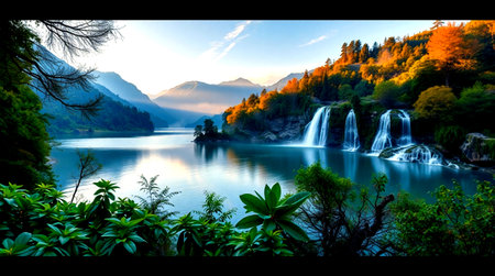 Waterfall in the mountains at sunrise. Beautiful nature landscape background.