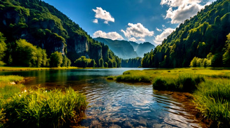Beautiful view of the lake in the mountains. Summer landscape.の写真素材