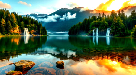 Fantastic view of the alpine lake. Dramatic scene. Beauty world.
