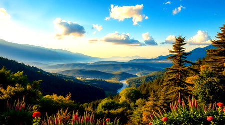 Beautiful sunset in the mountains. Colorful summer landscape. Carpathians, Ukraine, Europe.の写真素材