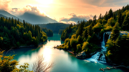 Beautiful mountain lake with a waterfall at sunset in the mountains.の写真素材