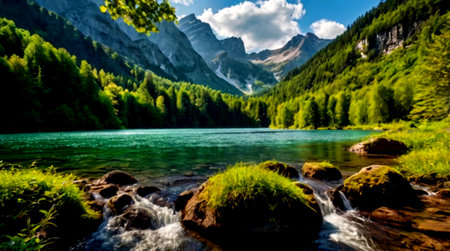 Idyllic summer landscape of a mountain lake with clear water and forest in the background