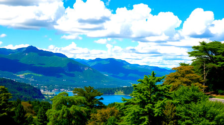 Lake Como, Italy. View of Lake Como from the hillの写真素材