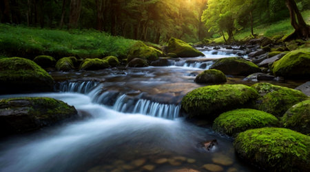 Long exposure of a river flowing through a green forest with mossy rocksの写真素材