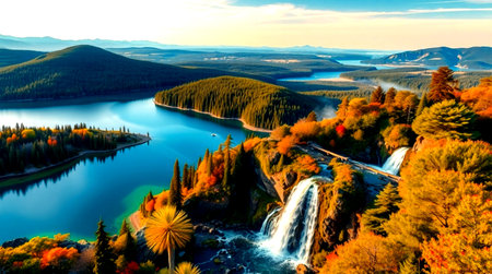 Beautiful autumn landscape with lake and waterfall. Carpathian Mountains, Ukraine.
