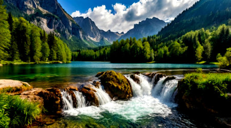 Panoramic view of alpine lake and waterfall in Italyの写真素材
