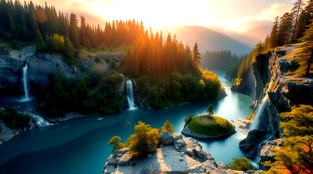 Beautiful view of the waterfall in the mountains at sunset time.