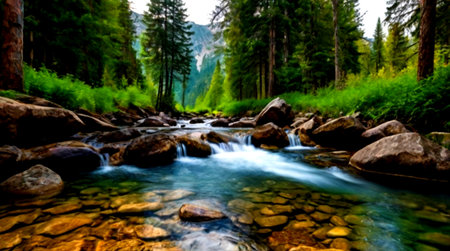 Mountain river in the forest in summer. Beautiful landscape with a mountain river.