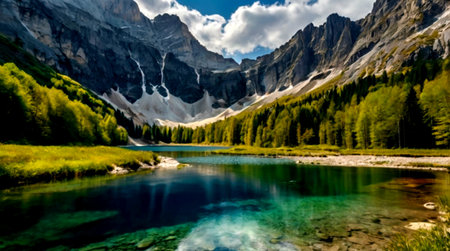 Panoramic view of the lake and the mountains. Summer landscape.