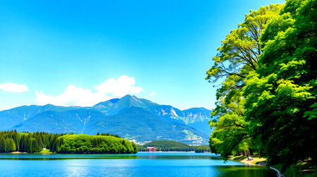 Mountain lake and forest on a background of blue sky with cloudsの写真素材