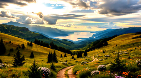 Sunset over the lake and mountains in the Ukrainian Carpathians