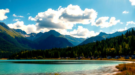 Beautiful mountain lake with clear turquoise water and mountains in the backgroundの写真素材