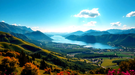 Panoramic view of alpine lake with reflection in water at sunsetの写真素材