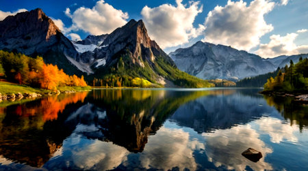 Mountain lake with reflection in the water. Panoramic view.