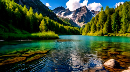 Beautiful alpine lake with crystal clear water and mountains in backgroundの写真素材