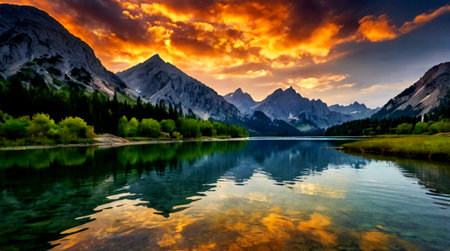 Mountain lake at sunset with reflection of mountains and clouds in the water