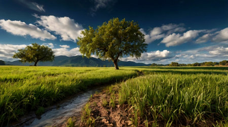 Rice field and tree in the countryside of Chiang Mai, Thailandの写真素材