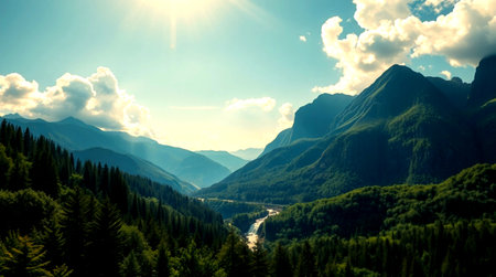 Beautiful summer landscape in the mountains. Mountain river in the valley.