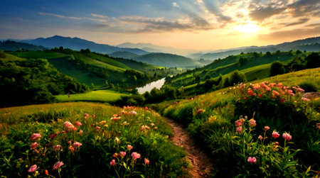 Beautiful panorama of sunrise over the valley in Chiang Rai, Thailand