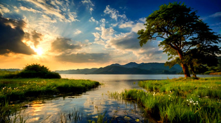 Panoramic view of a lake at sunset, Sri Lanka.の写真素材