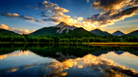 Mountain lake at sunset with reflection in water. Beautiful summer landscape.の写真素材