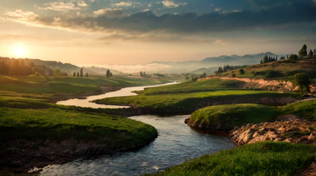 Panoramic view of the mountain river at sunset. Nature composition.の写真素材