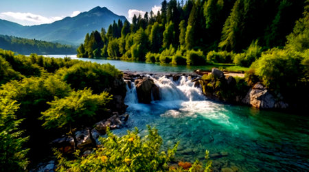 Beautiful view of a mountain river flowing through the green forest.の写真素材