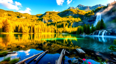 Beautiful autumn alpine lake. Reflection of mountains in crystal clear water.の写真素材