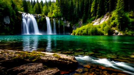 Waterfall in the forest. Waterfall in the mountains. Beautiful summer landscape.の写真素材