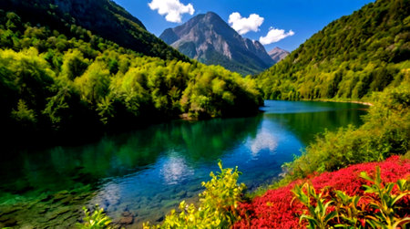 Mountain lake in the mountains. Beautiful landscape with a mountain lake and flowersの写真素材