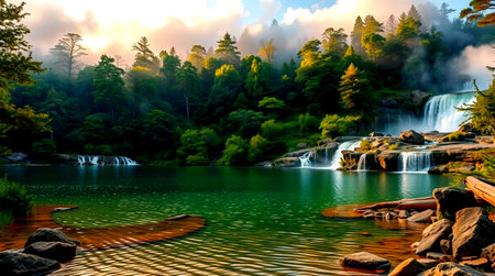 Waterfall in the forest at dawn. Beautiful landscape with a waterfall in the forest.の写真素材