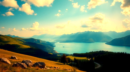 Mountain lake landscape. Panoramic view of mountains and blue sky