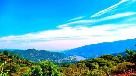 landscape of the mountains and the sea on a sunny summer dayの写真素材
