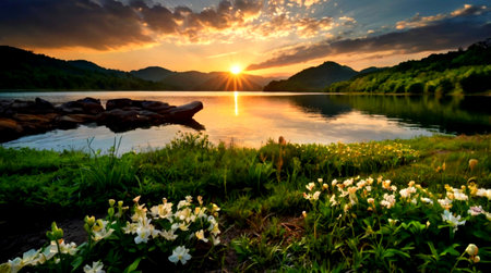 Sunset at the lake with mountain and flower in the foreground.の写真素材