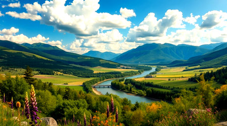 Panoramic view of the valley and the river. Altai, Siberia, Russia