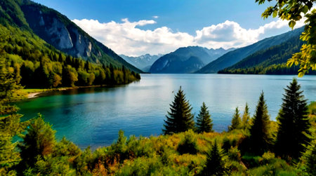 panoramic view of alpine lake and mountains, Bavaria, Germany