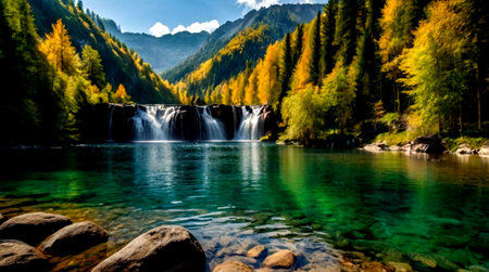 Beautiful view of alpine lake and waterfall in autumn season.の写真素材