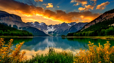 Beautiful lake in the Dolomites at sunset, Italy.の写真素材