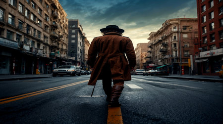 A man in a coat and hat walks along a street in the city.の写真素材